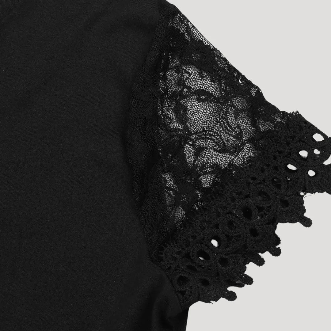 Iris | Elegant Black V - Neck Lace Sleeve Mini Dress - Emma's Dresses