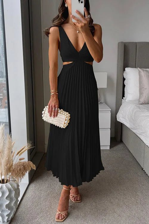 Margaret | Elegant Yellow V - Neck Pleated Maxi Dress - Emma's Dresses