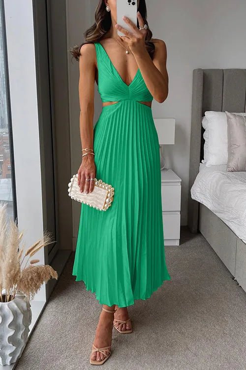 Margaret | Elegant Yellow V - Neck Pleated Maxi Dress - Emma's Dresses