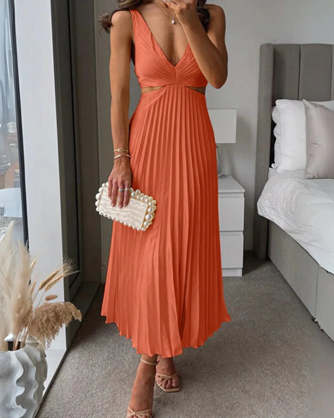 Stella | Elegant Orange V - Neck Pleated Maxi Dress - Emma's Dresses