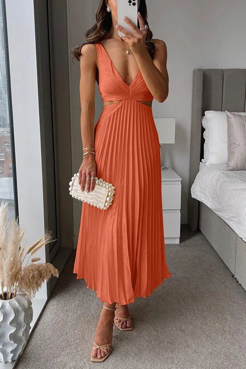 Margaret | Elegant Yellow V - Neck Pleated Maxi Dress - Emma's Dresses