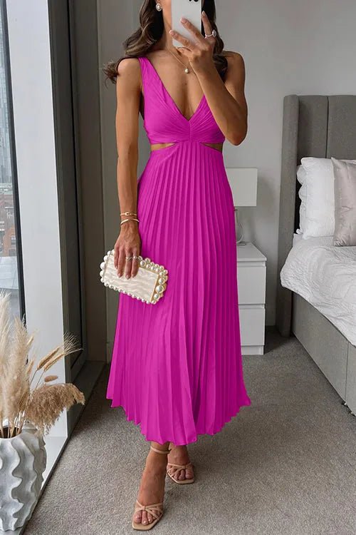 Stella | Elegant Orange V - Neck Pleated Maxi Dress - Emma's Dresses