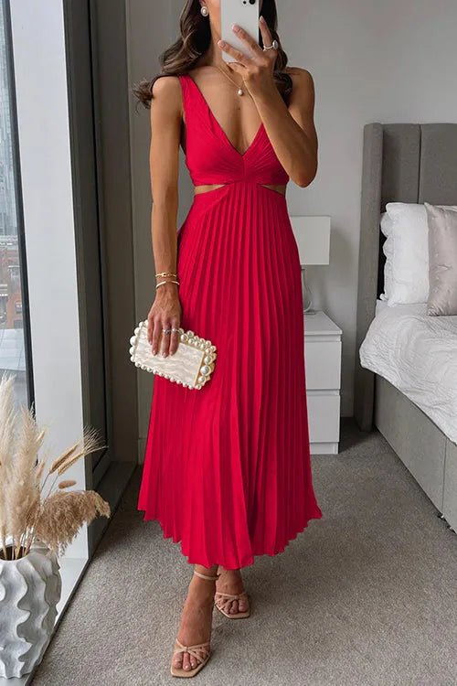 Margaret | Elegant Yellow V - Neck Pleated Maxi Dress - Emma's Dresses