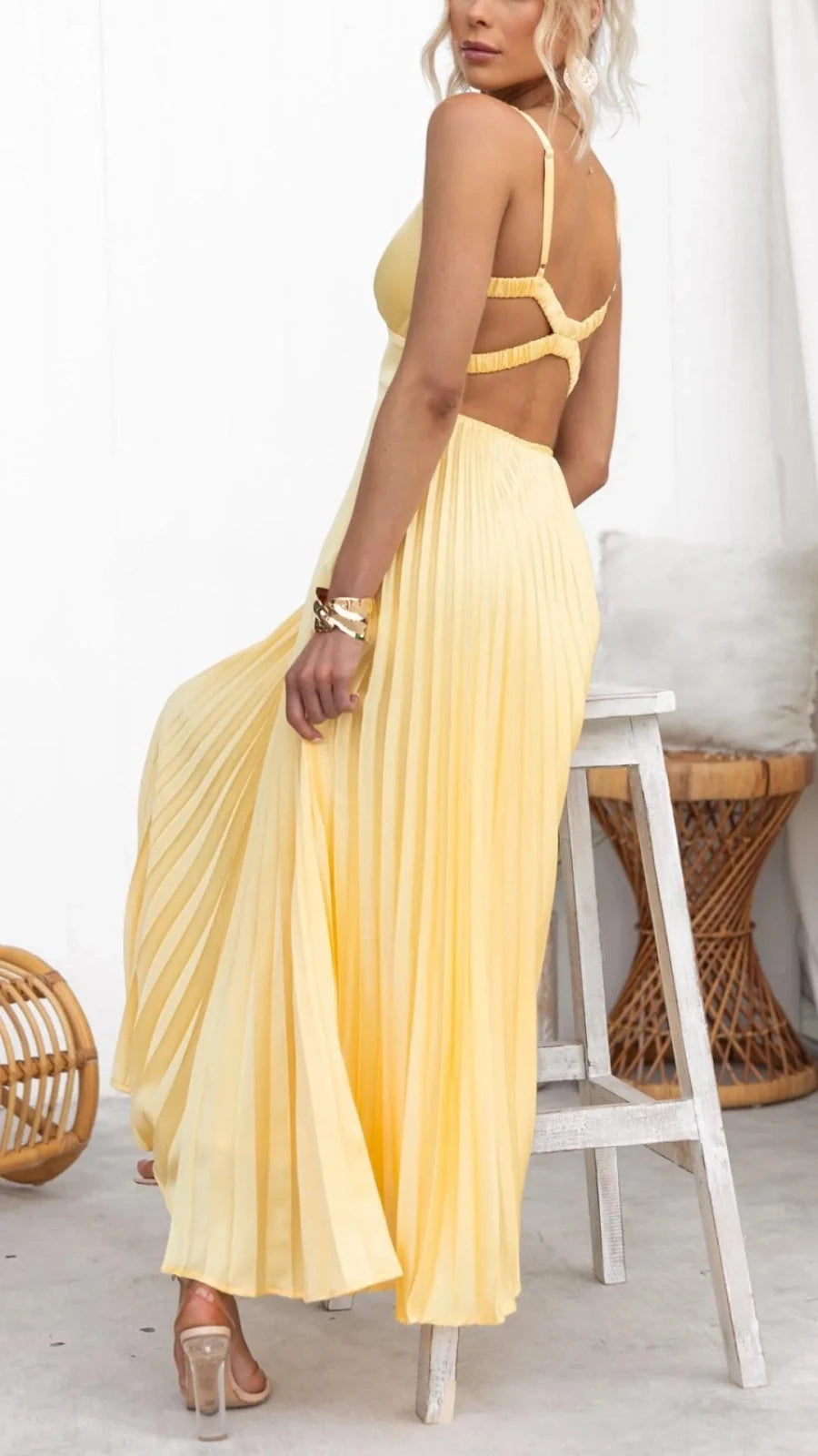 Diana | Elegant Yellow Pleated V - Neck Maxi Dress - Emma's Dresses