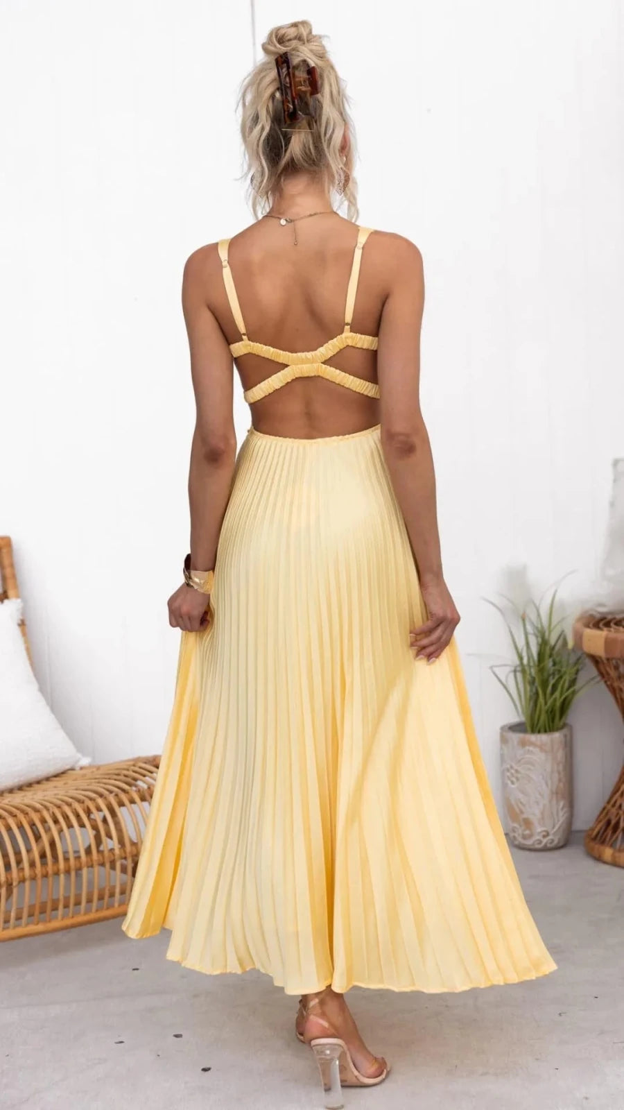 Diana | Elegant Yellow Pleated V - Neck Maxi Dress - Emma's Dresses