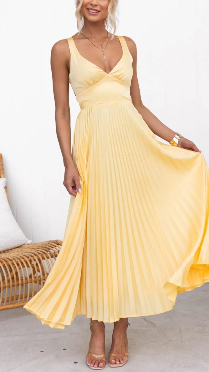 Diana | Elegant Yellow Pleated V - Neck Maxi Dress - Emma's Dresses