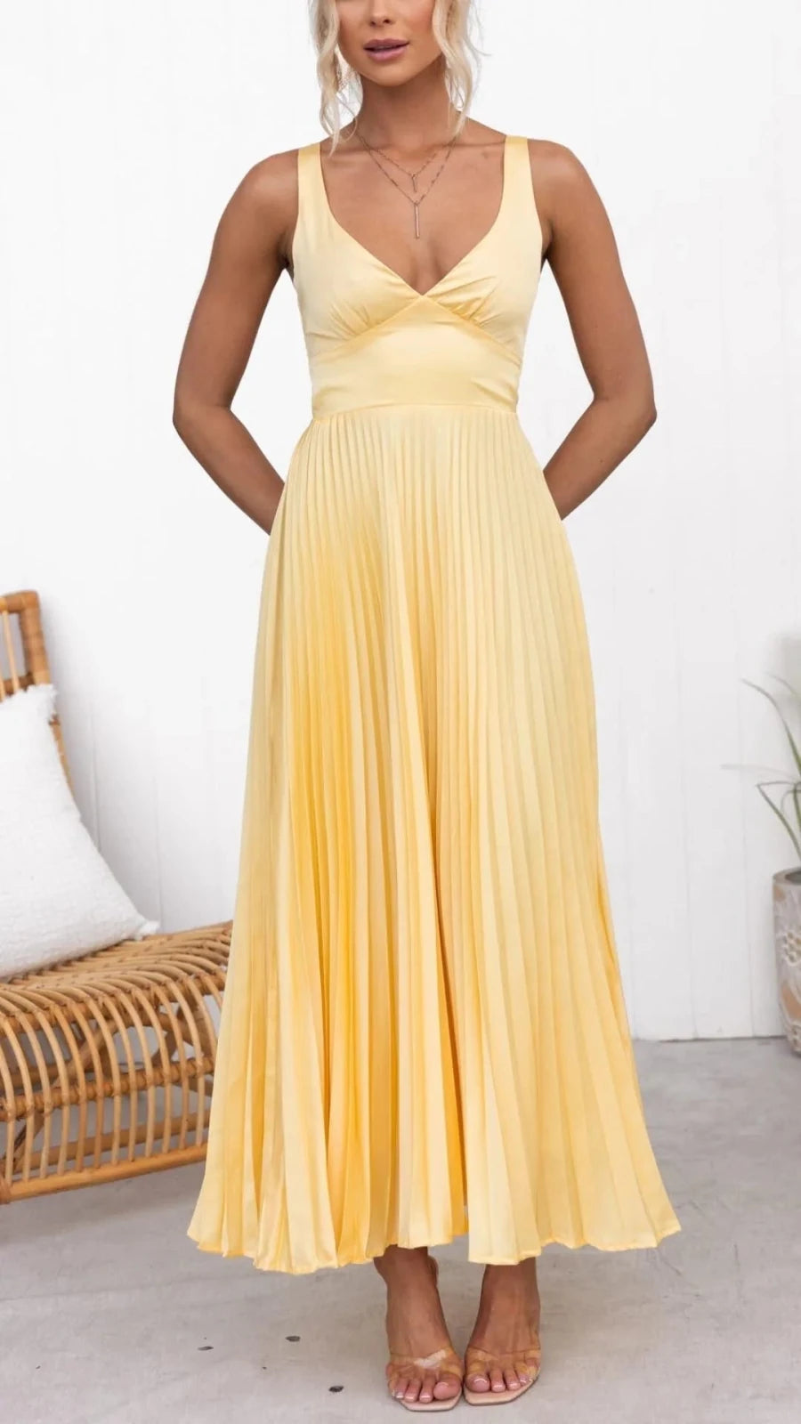 Diana | Elegant Yellow Pleated V - Neck Maxi Dress - Emma's Dresses