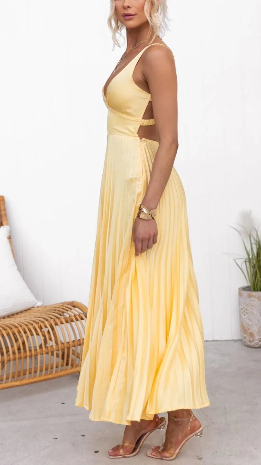 Diana | Elegant Yellow Pleated V - Neck Maxi Dress - Emma's Dresses