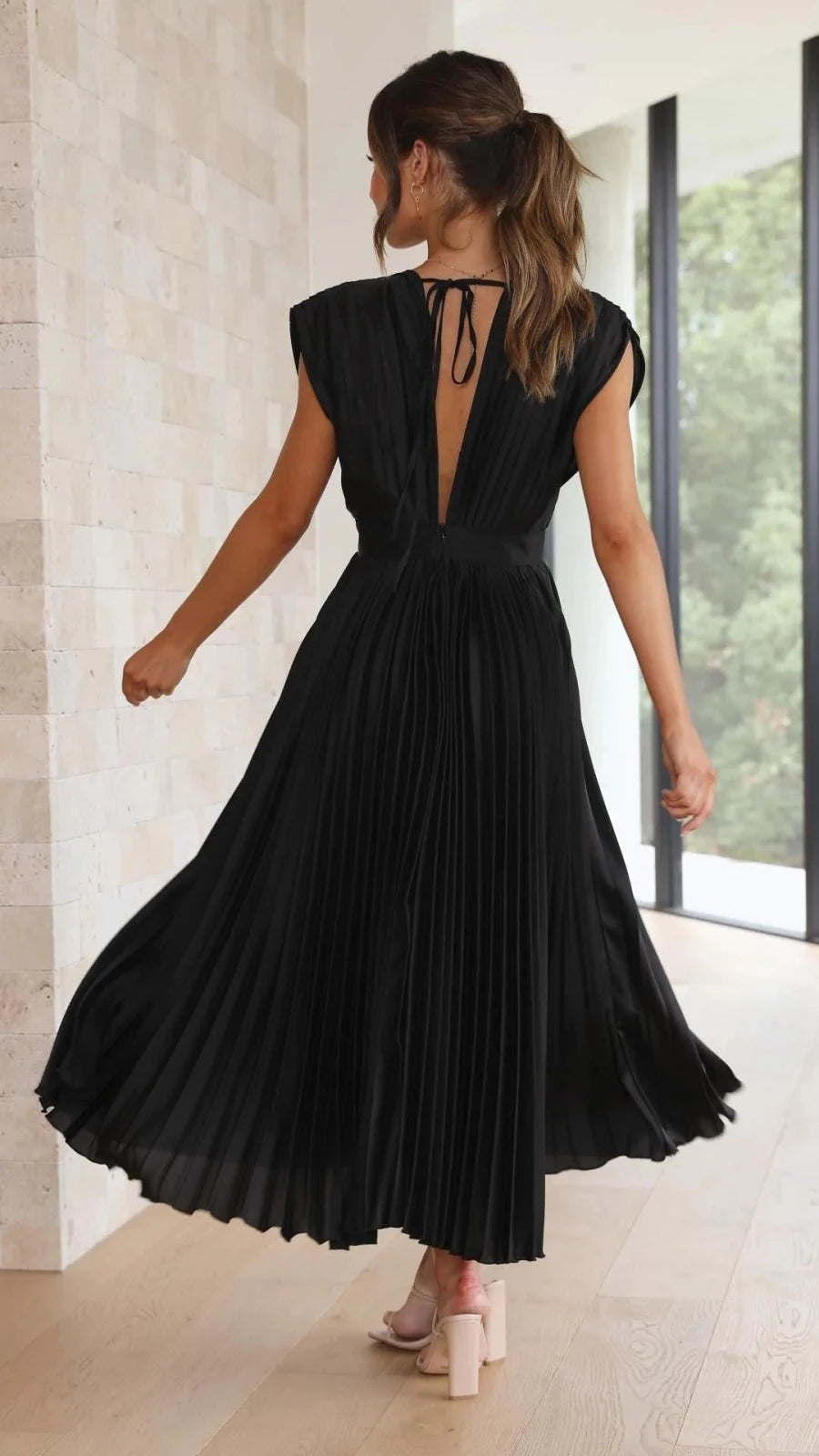Anya | Elegant V - Neck Pleated Pink Midi Dress - Emma's Dresses