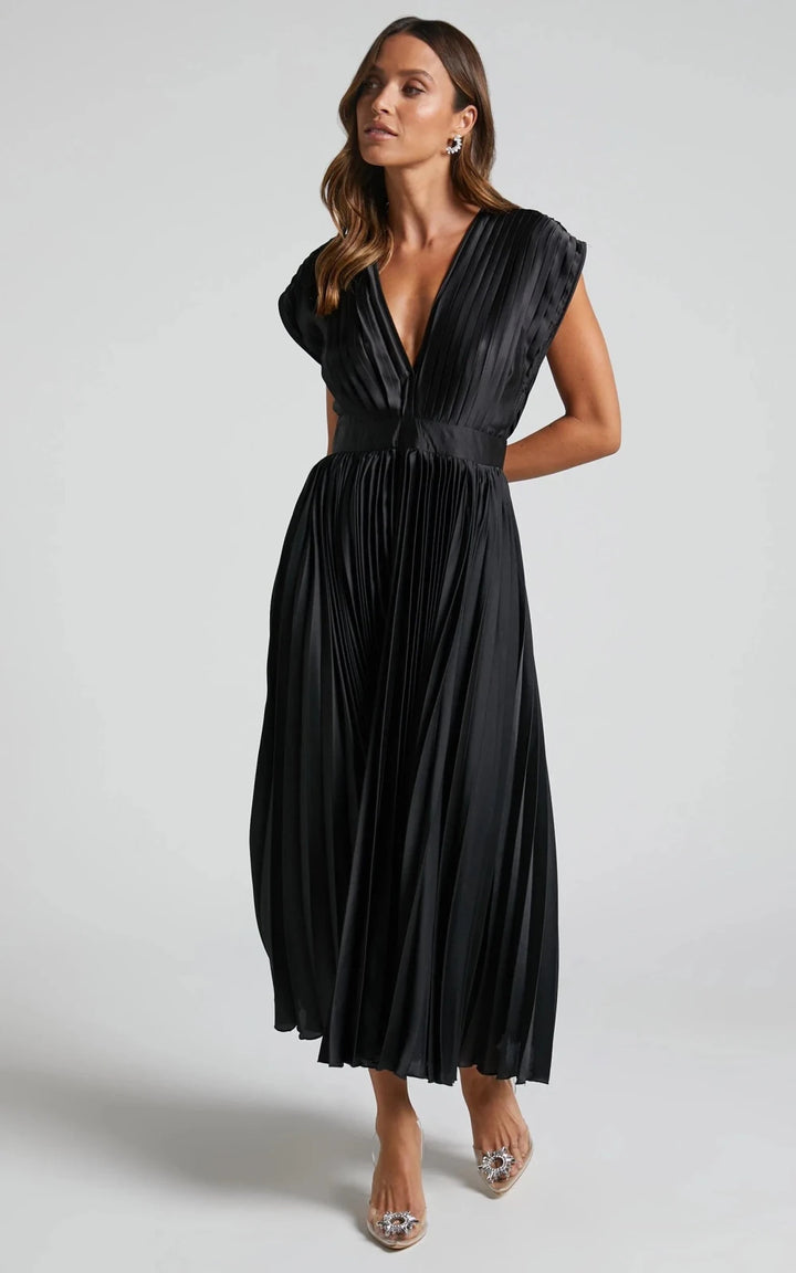 Anya | Elegant V - Neck Pleated Pink Midi Dress - Emma's Dresses