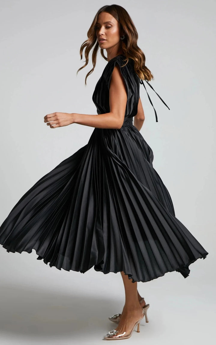 Anya | Elegant V - Neck Pleated Pink Midi Dress - Emma's Dresses