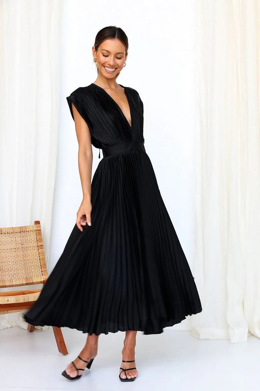 Anya | Elegant V - Neck Pleated Pink Midi Dress - Emma's Dresses
