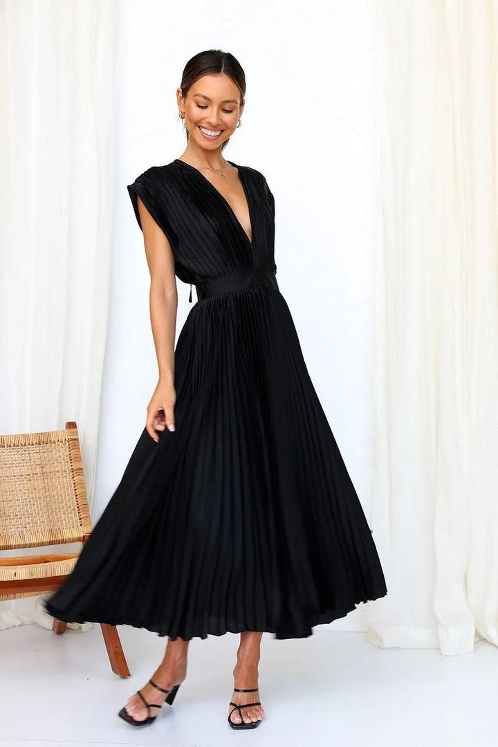 Anya | Elegant V - Neck Pleated Pink Midi Dress - Emma's Dresses