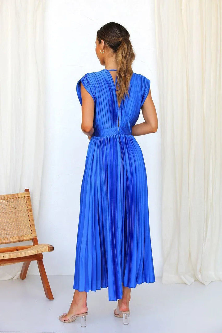 Anya | Elegant V - Neck Pleated Pink Midi Dress - Emma's Dresses