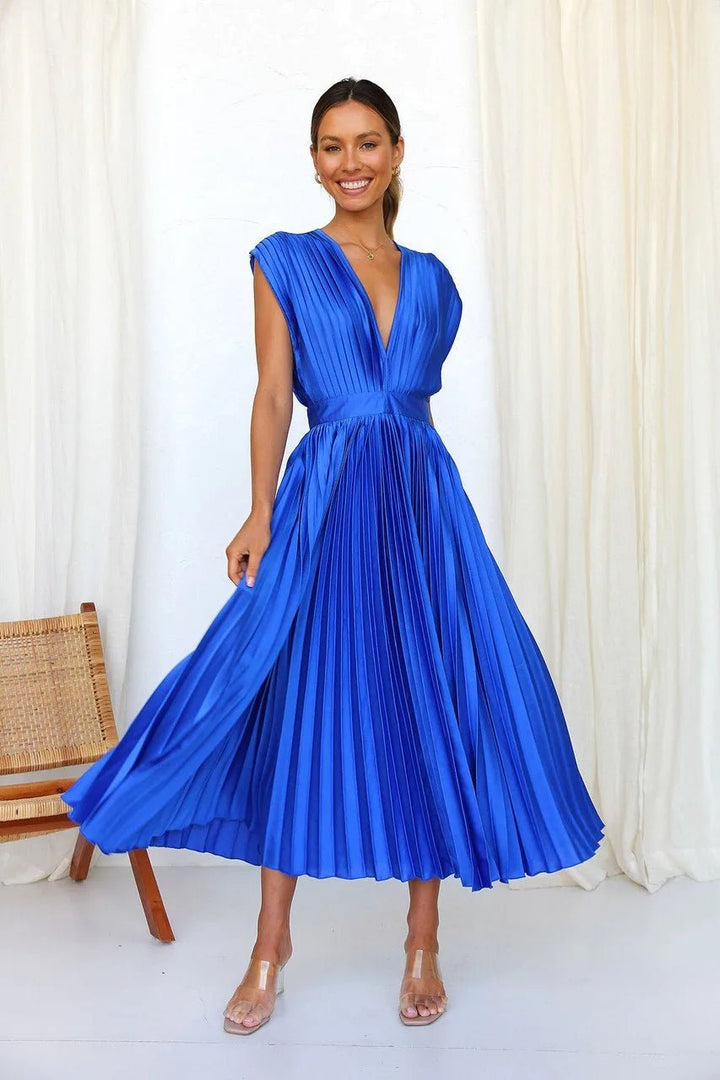 Anya | Elegant V - Neck Pleated Pink Midi Dress - Emma's Dresses