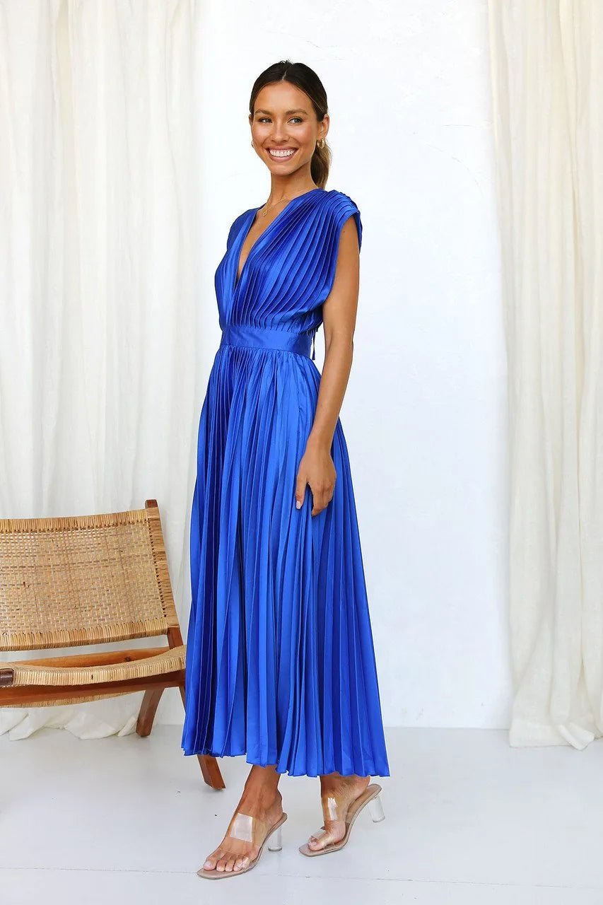 Anya | Elegant V - Neck Pleated Pink Midi Dress - Emma's Dresses