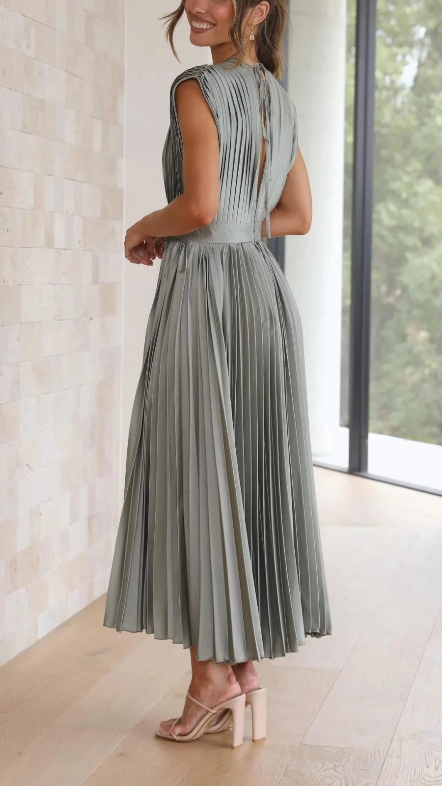 Anya | Elegant V - Neck Pleated Pink Midi Dress - Emma's Dresses