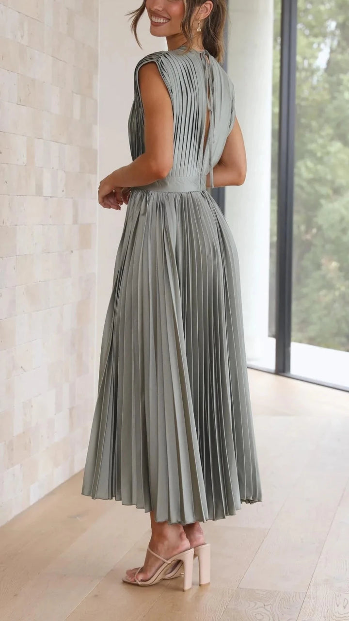 Anya | Elegant V - Neck Pleated Pink Midi Dress - Emma's Dresses