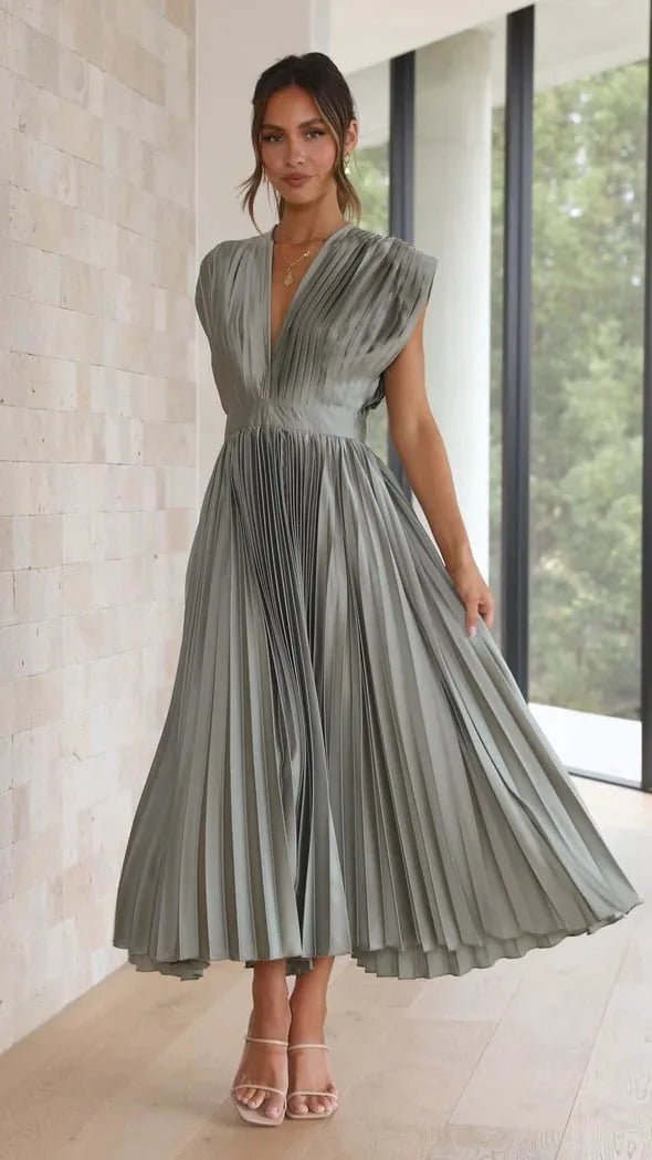 Anya | Elegant V - Neck Pleated Pink Midi Dress - Emma's Dresses