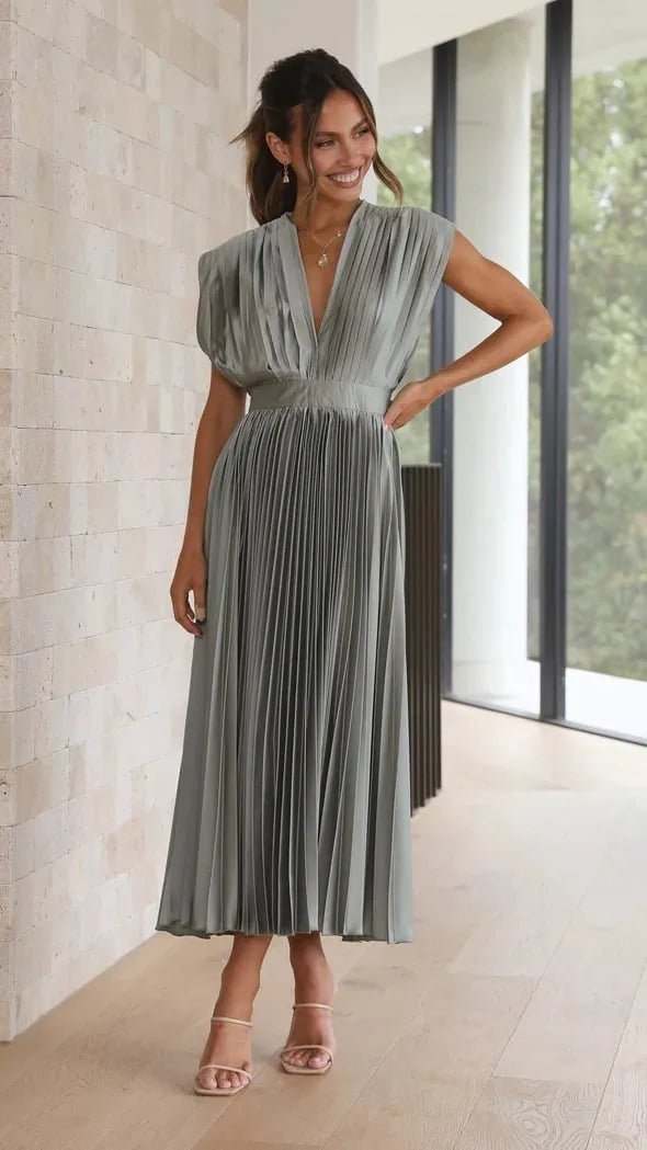 Anya | Elegant V - Neck Pleated Pink Midi Dress - Emma's Dresses