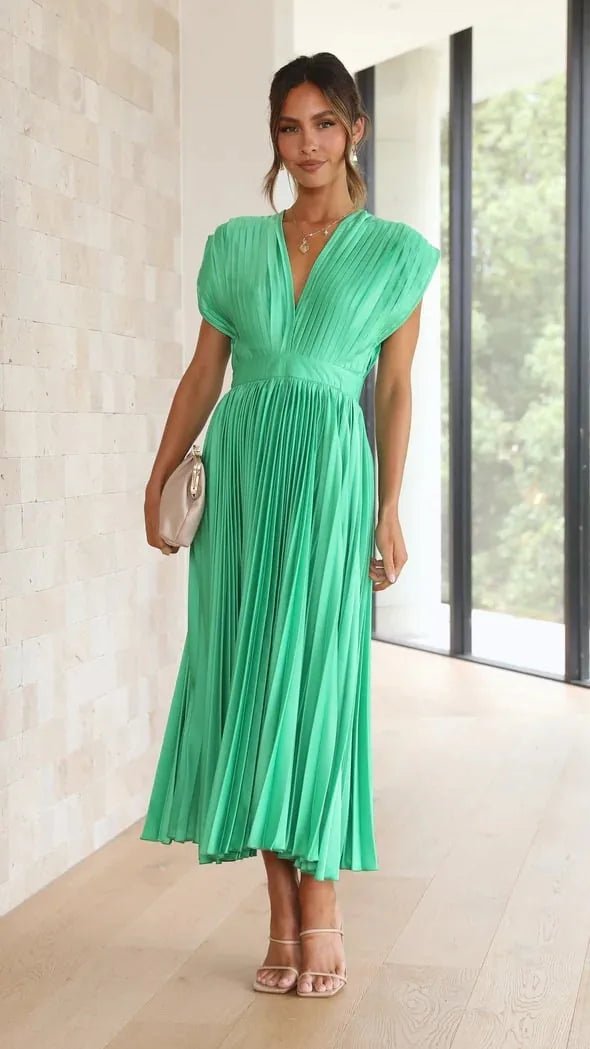 Anya | Elegant V - Neck Pleated Pink Midi Dress - Emma's Dresses