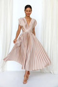 Anya | Elegant V-Neck Pleated Pink Midi Dress
