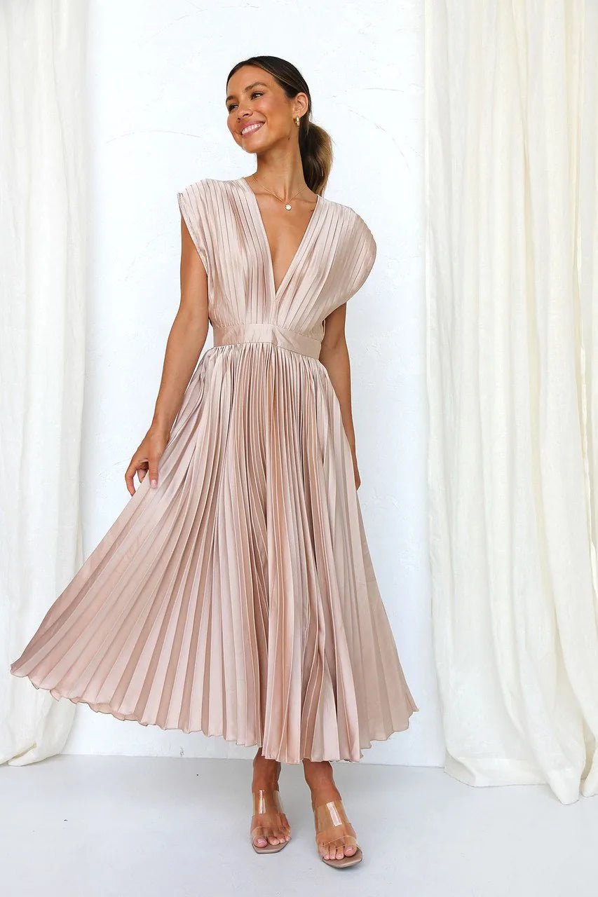 Anya | Elegant V - Neck Pleated Pink Midi Dress - Emma's Dresses