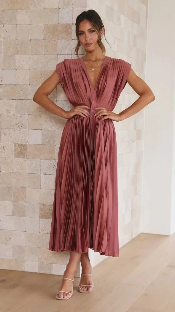 Anya | Elegant V - Neck Pleated Pink Midi Dress - Emma's Dresses