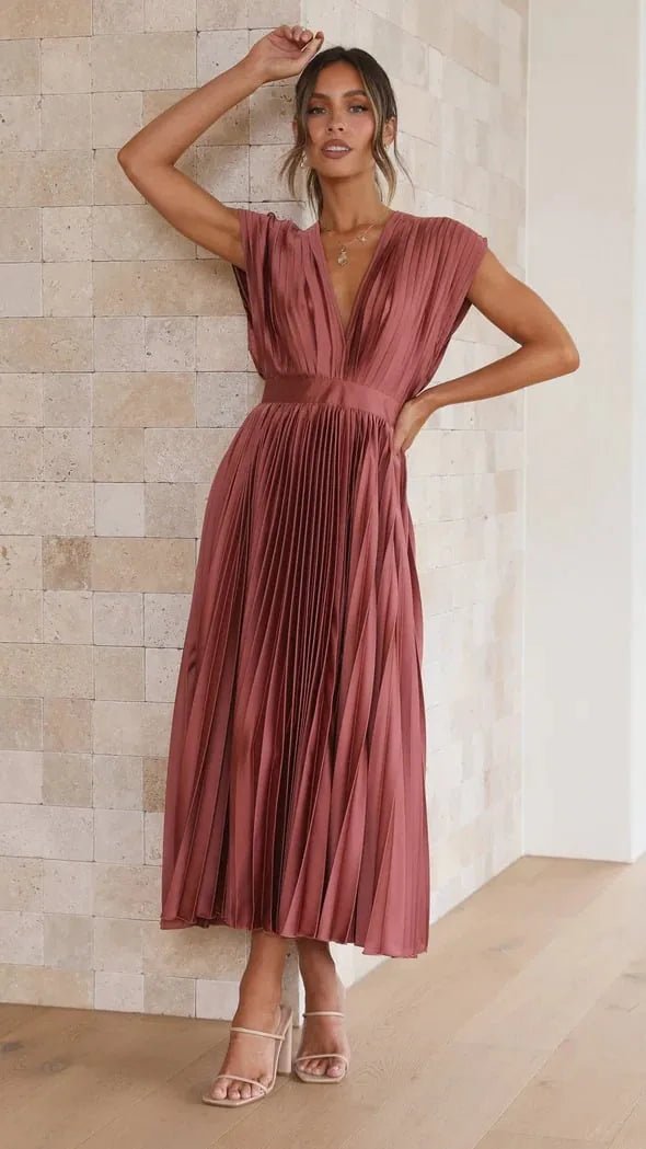 Anya | Elegant V - Neck Pleated Pink Midi Dress - Emma's Dresses