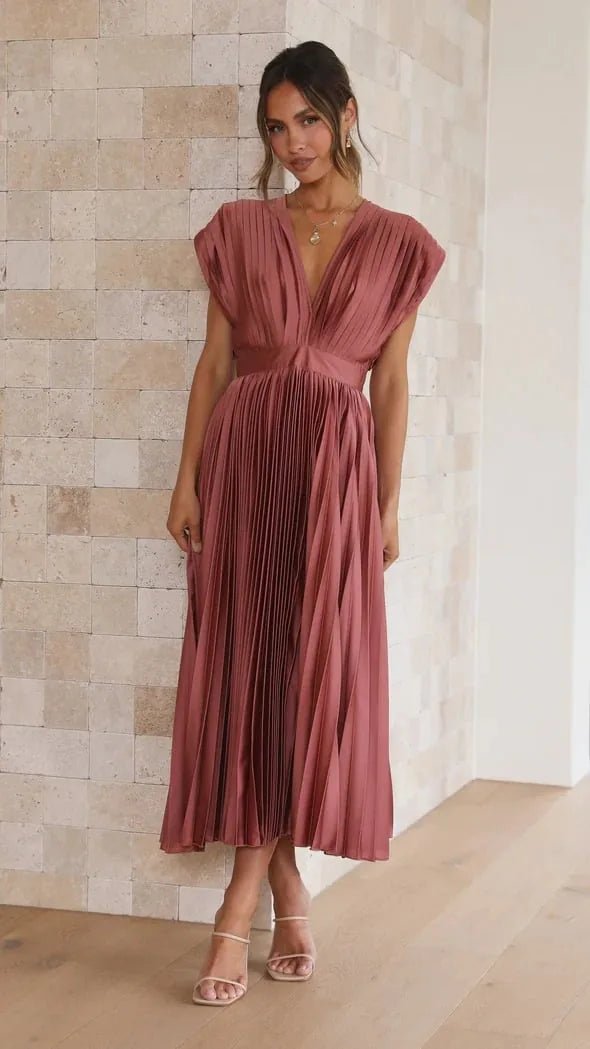 Anya | Elegant V - Neck Pleated Pink Midi Dress - Emma's Dresses