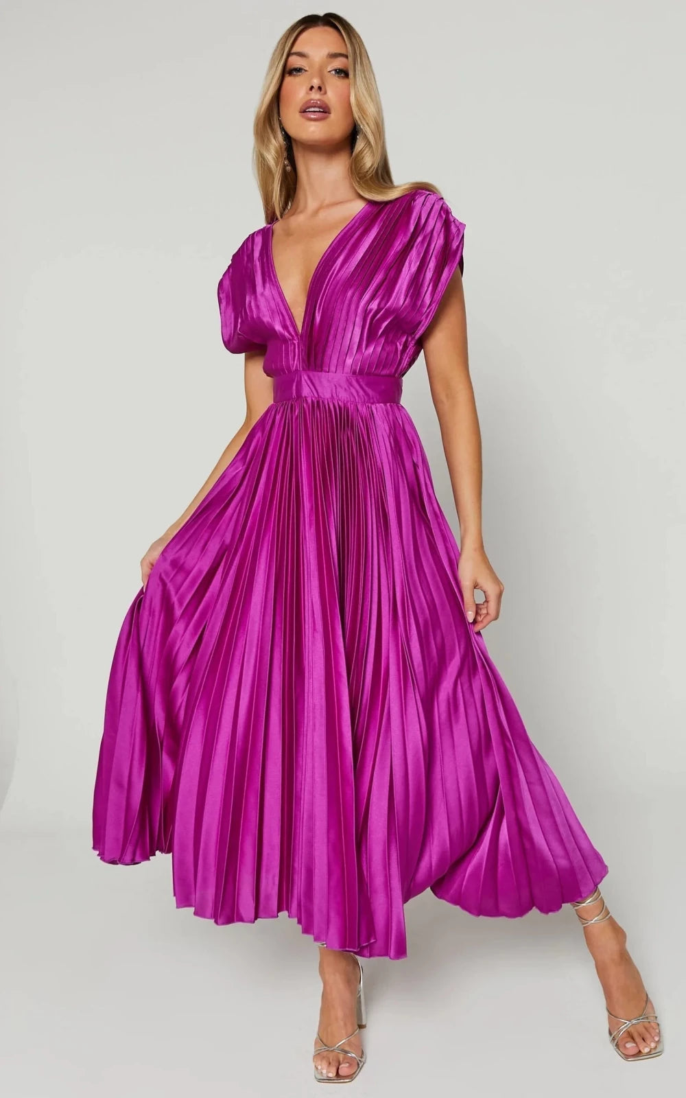 Anya | Elegant V - Neck Pleated Pink Midi Dress - Emma's Dresses
