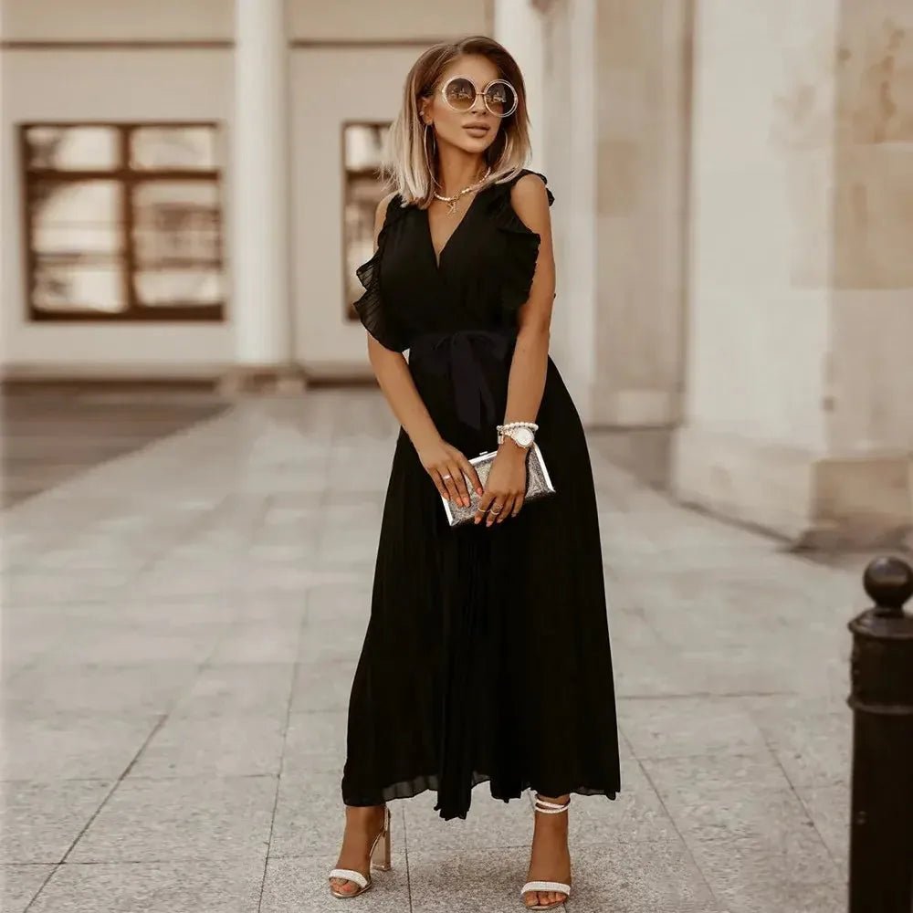 Emma | Elegant White V-Neck Ruffle Maxi Dress Sleeveless – view 5
