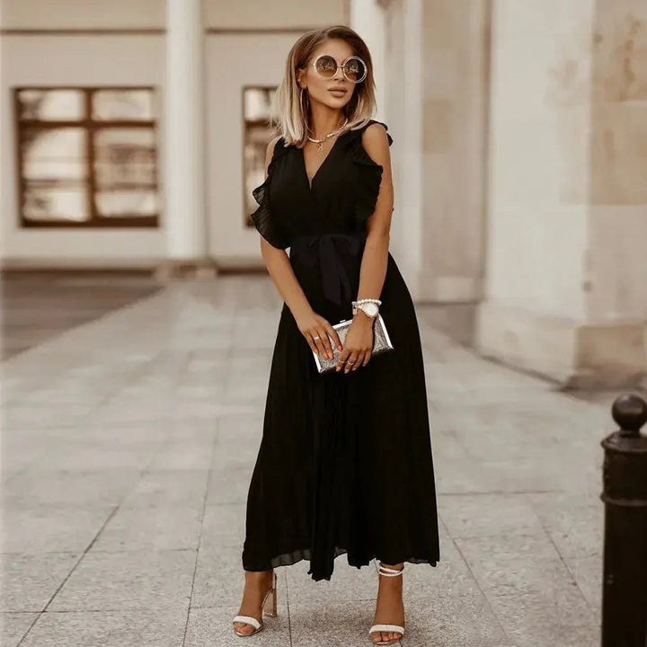 Emma | Elegant White V-Neck Ruffle Maxi Dress Sleeveless – view 5