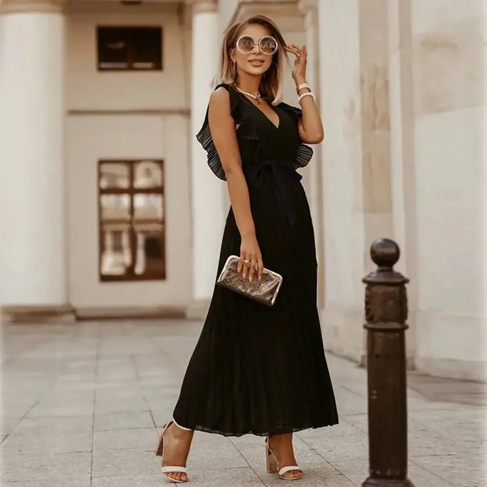 Emma | Elegant White V-Neck Ruffle Maxi Dress Sleeveless – view 6