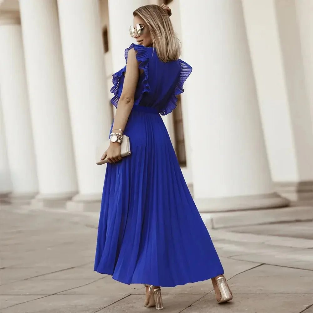 Emma | Elegant White V-Neck Ruffle Maxi Dress Sleeveless – view 12