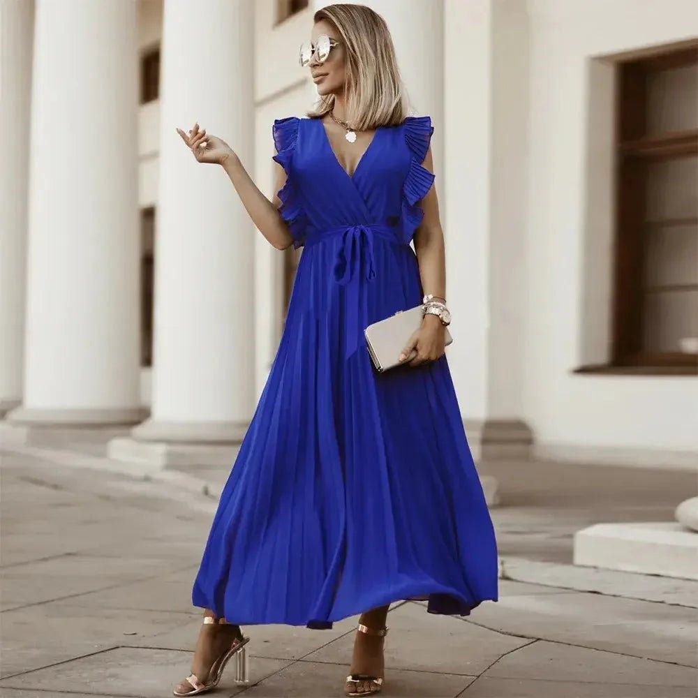 Emma | Elegant White V-Neck Ruffle Maxi Dress Sleeveless – view 13