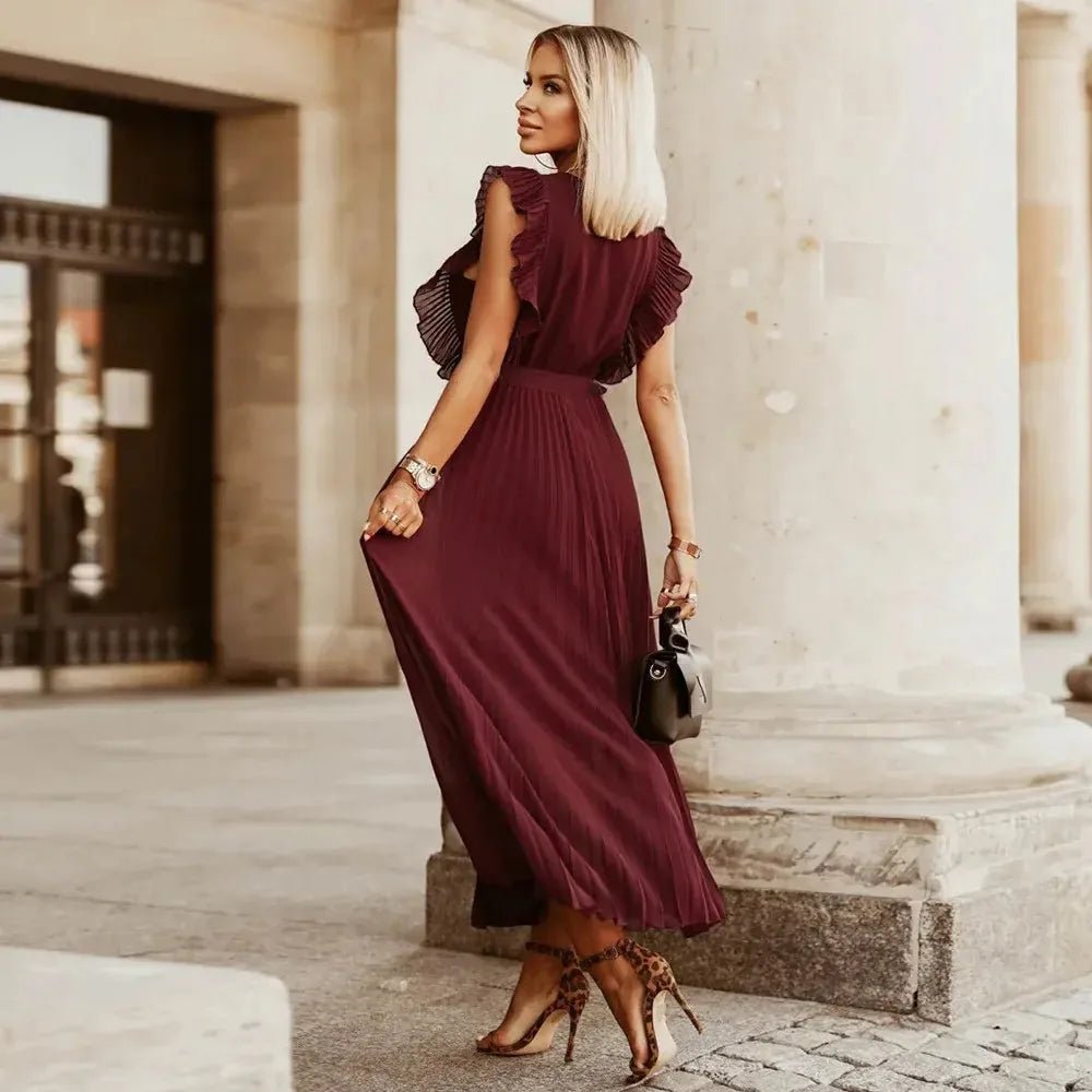 Emma | Elegant White V-Neck Ruffle Maxi Dress Sleeveless – view 10