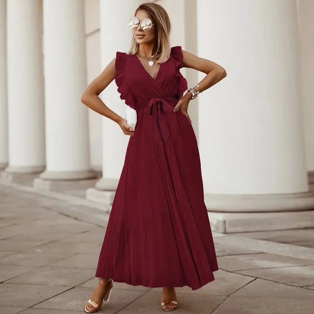 Emma | Elegant White V-Neck Ruffle Maxi Dress Sleeveless – view 8