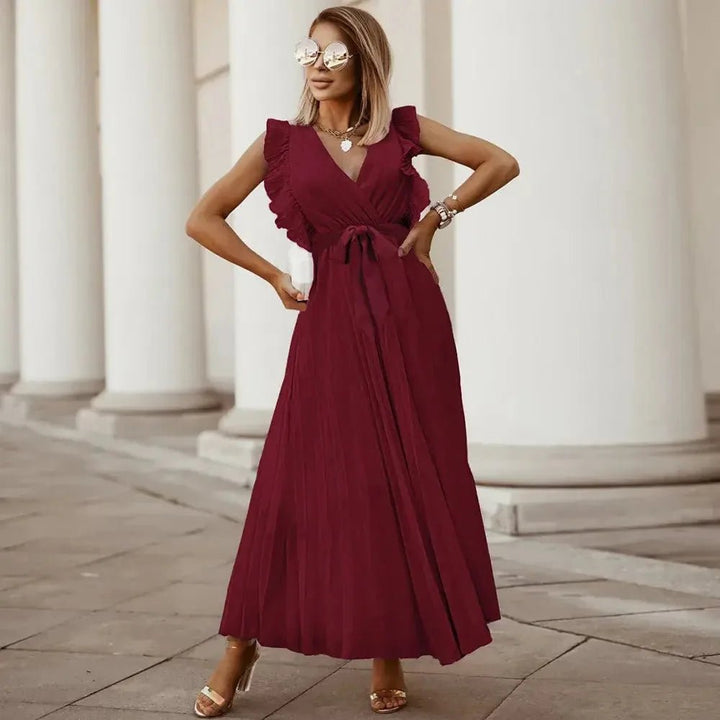 Emma | Elegant White V-Neck Ruffle Maxi Dress Sleeveless – view 8