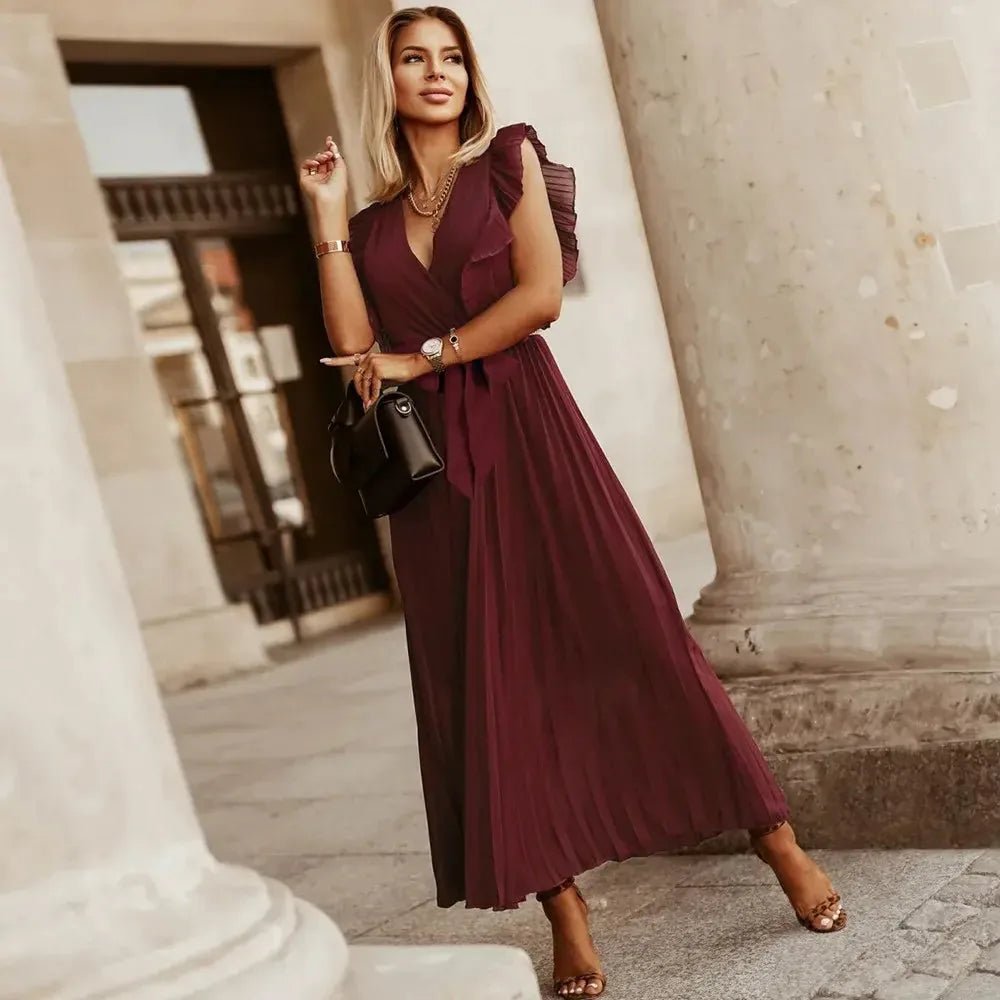 Emma | Elegant White V-Neck Ruffle Maxi Dress Sleeveless – view 9