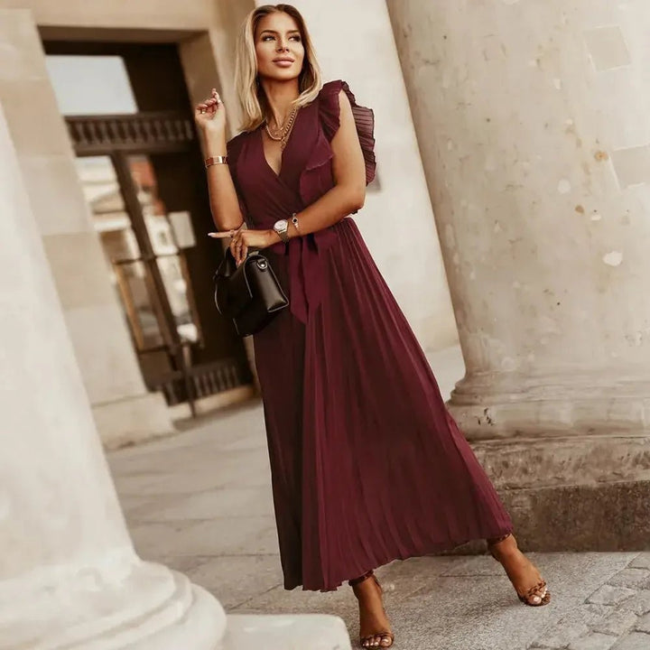 Emma | Elegant White V-Neck Ruffle Maxi Dress Sleeveless – view 9