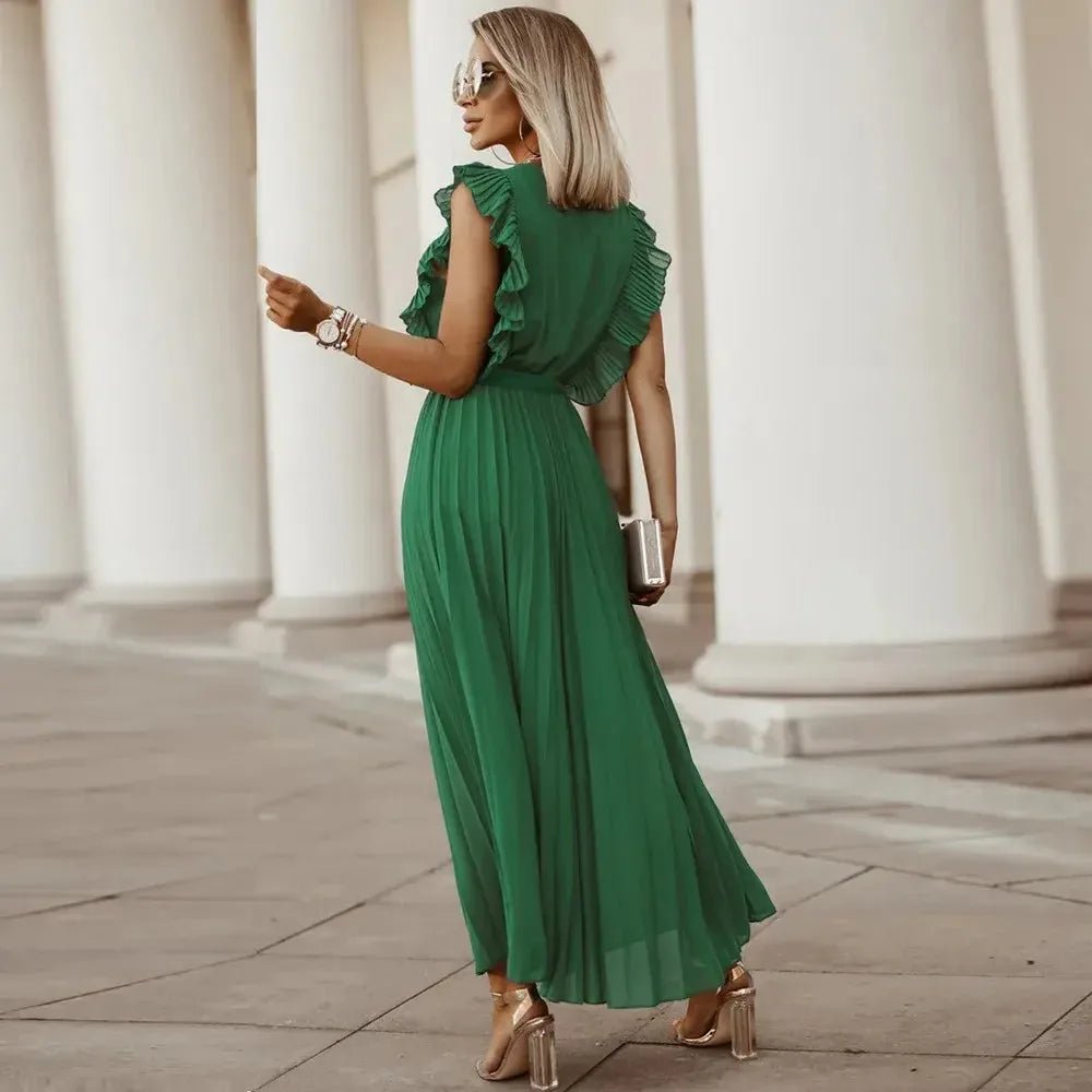 Emma | Elegant White V-Neck Ruffle Maxi Dress Sleeveless – view 16