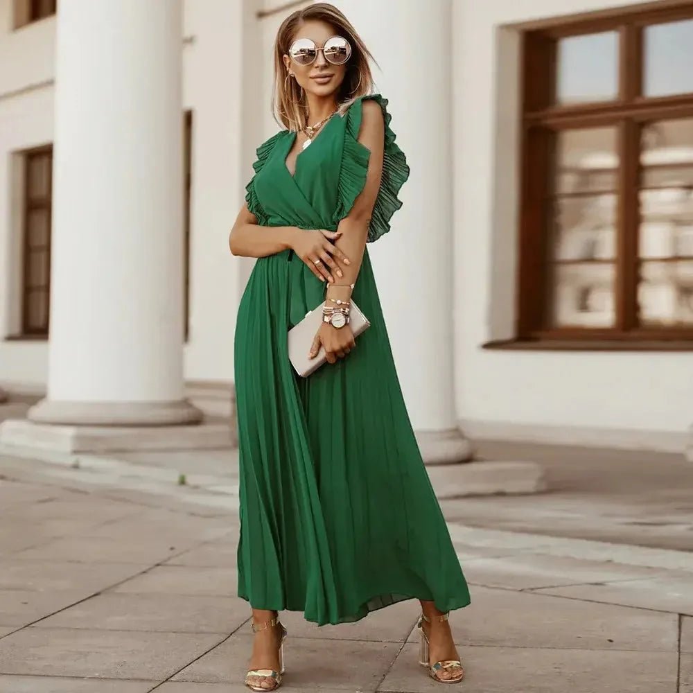 Emma | Elegant White V-Neck Ruffle Maxi Dress Sleeveless – view 14