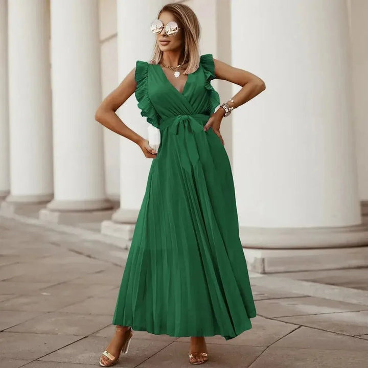 Emma | Elegant White V-Neck Ruffle Maxi Dress Sleeveless – view 15