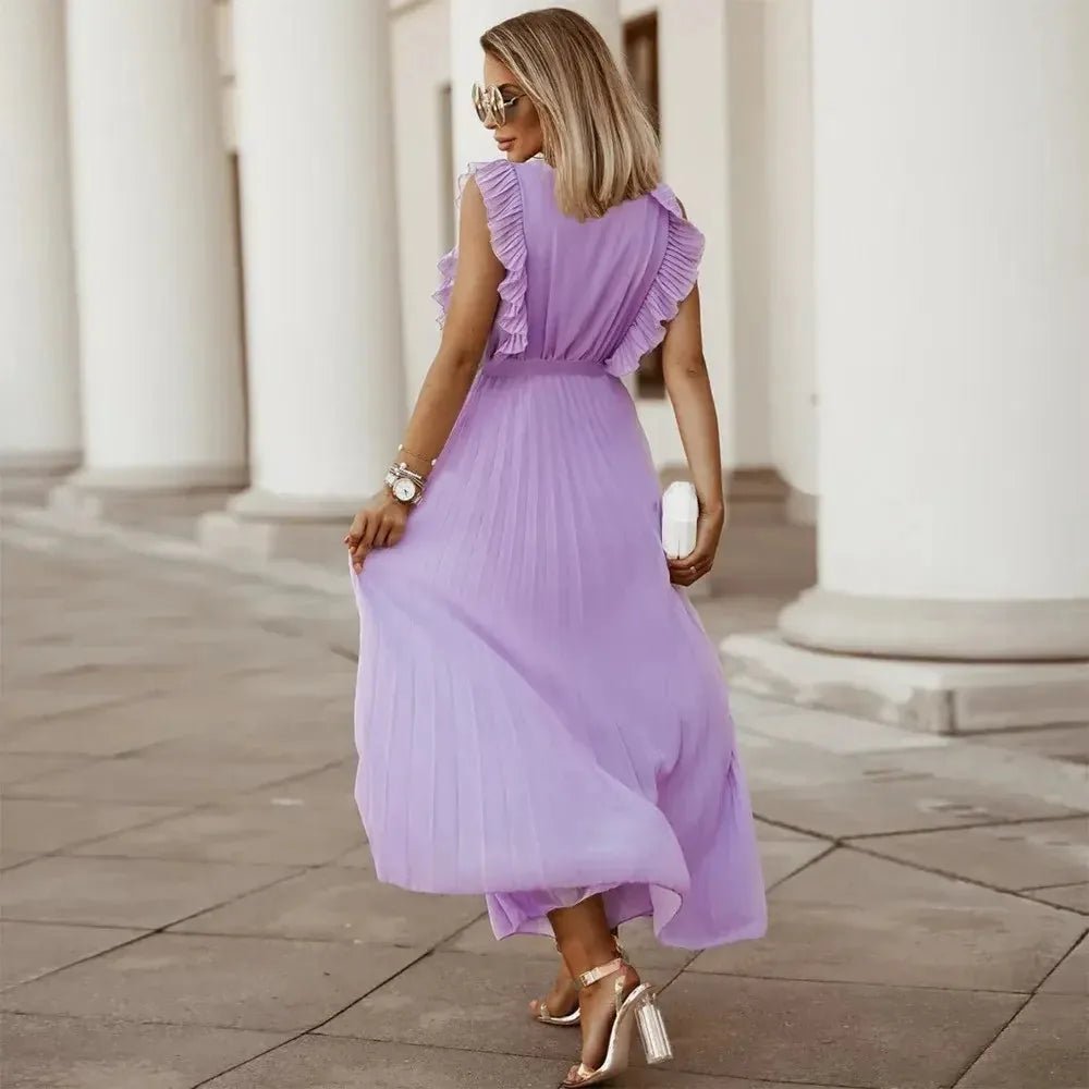 Emma | Elegant White V-Neck Ruffle Maxi Dress Sleeveless – view 18