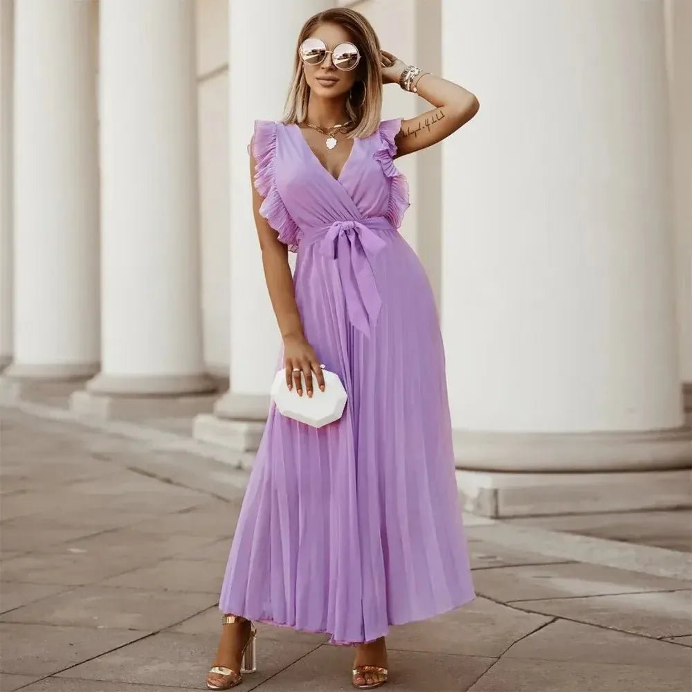 Emma | Elegant White V-Neck Ruffle Maxi Dress Sleeveless – view 17