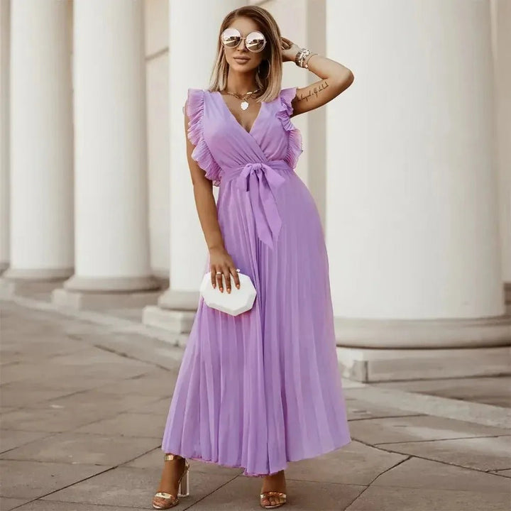 Emma | Elegant White V-Neck Ruffle Maxi Dress Sleeveless – view 17