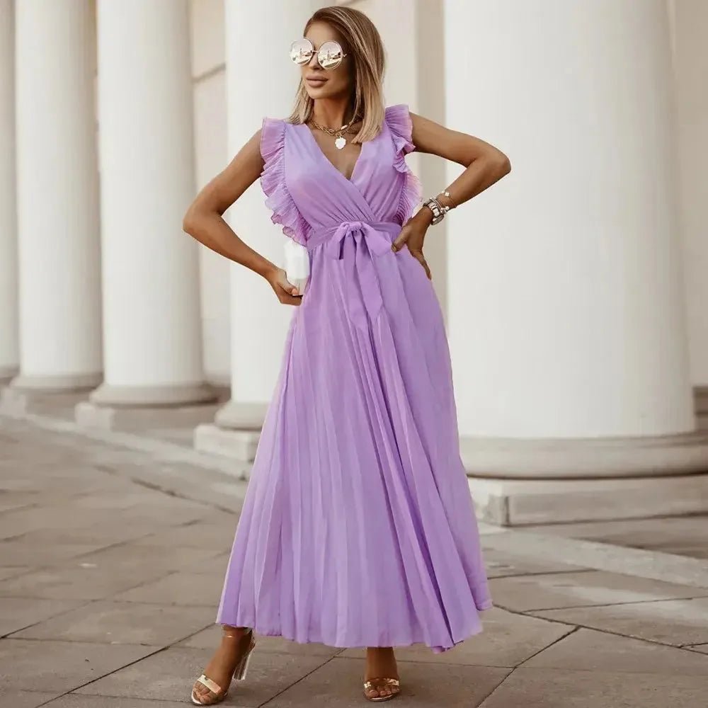 Emma | Elegant White V-Neck Ruffle Maxi Dress Sleeveless – view 19