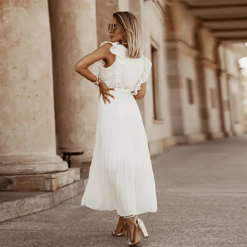 Emma | Elegant White V-Neck Ruffle Maxi Dress Sleeveless – view 4