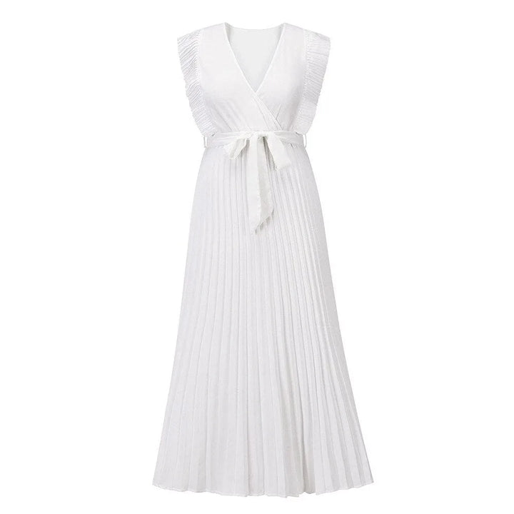 Emma | Elegant White V-Neck Ruffle Maxi Dress Sleeveless – view 3